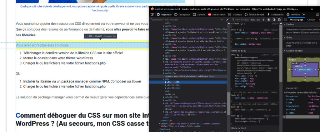 Console de développement sur l'onglet Inspecteur HTML CSS