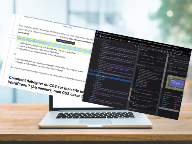 Console de développement CSS ouverte par dessus un ordinateur sur un bureau