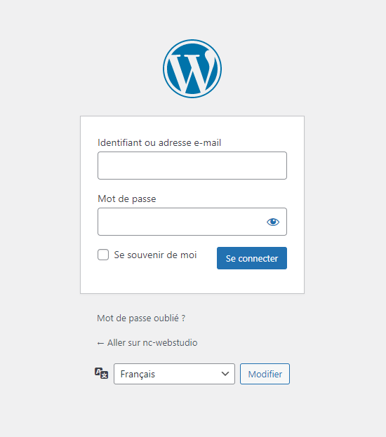Interface de connexion WordPress à /wp-admin/