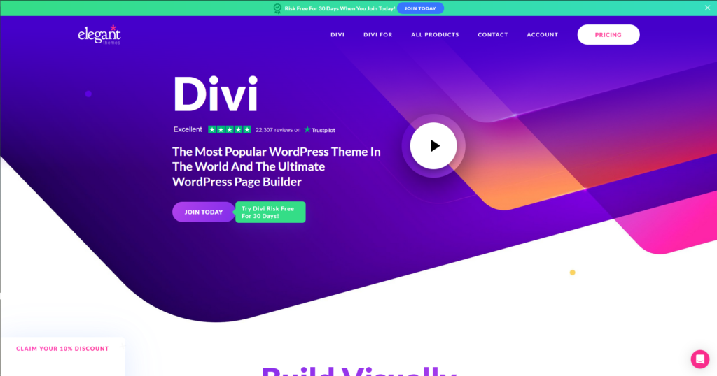 Page D'accueil du site de Divi, page builder WordPress