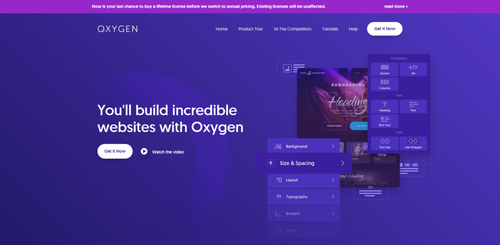 Page D'acceuil d'Oxygen, page builder WordPress